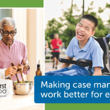 Health First Colorado sponsored image of two senor women preparing food in a kitchen and a young boy in a wheelchair enjoying time outside