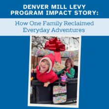Square graphic with a blue background. At the top, bold white text reads: DENVER MILL LEVY PROGRAM IMPACT STORY: Below that, on a light blue band, blue serif text says: How One Family Reclaimed Everyday Adventures Centered below the text is a color photo of two smiling children in a decorated black wagon-style stroller. One child in a red hoodie leans out of the front, while the other sits in the back wearing green holiday pajamas. The stroller is covered in colorful cartoon-patterned fabric and topped with a large shiny red bow. The photo is bordered in white with a slight tilt.