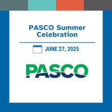 Graphic announcement for the PASCO Summer Celebration. Bold blue text at the top reads: “PASCO Summer Celebration.” Below is a blue calendar icon next to the date in bold blue text: “JUNE 27, 2025.” Underneath is the PASCO logo in green and navy blue. The graphic has a blue border and a top row of color blocks in dark gray, teal, orange, and gray.
