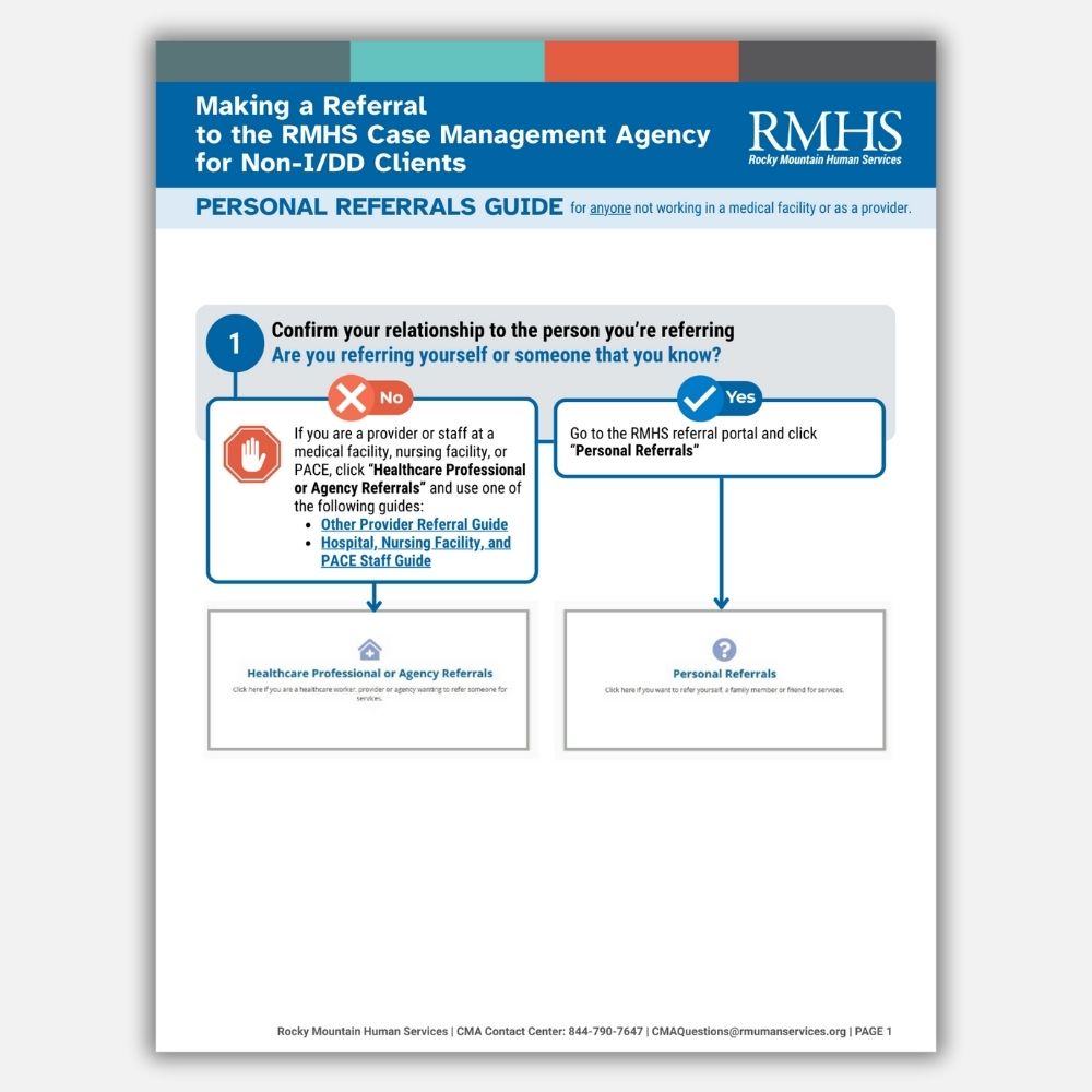 RMHS_Enrollment_Referral_Guide A screenshot of an RMHS referral guide for personal referrals. The guide is a flow chart with blue, teal, orange and gray coloring.