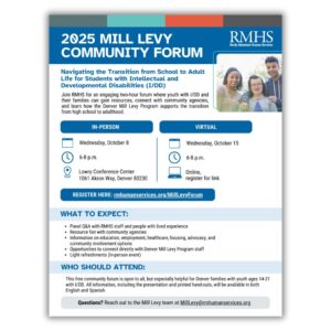 Screenshot of a flyer promoting the 2025 Mill Levy Community Forum in English