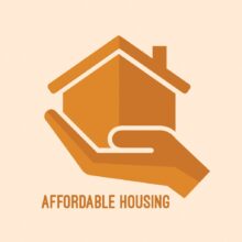 Simple graphic in shades of orange with a hand cradling a house, symbolizing shelter and support. Below the illustration, the words “Affordable Housing” appear in bold capital letters. The background is a soft beige color, giving the design a clean and minimal look.