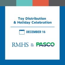 Graphic announcing a Toy Distribution and Holiday Celebration on December 16, featuring logos for RMHS and PASCO.