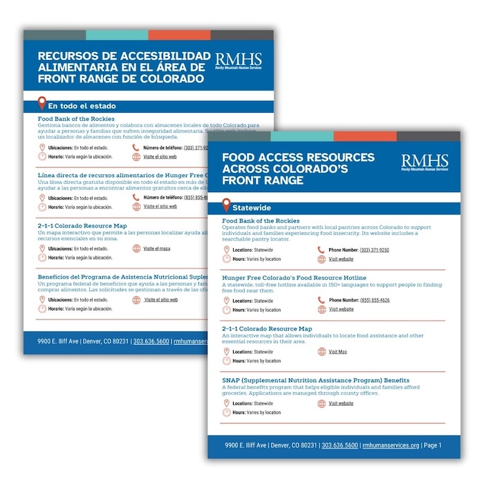 Screenshots of a Food Resource guide in both English and Spanish. the guides overlap each other and feature a variety of food banks and other food access resources across Colorado