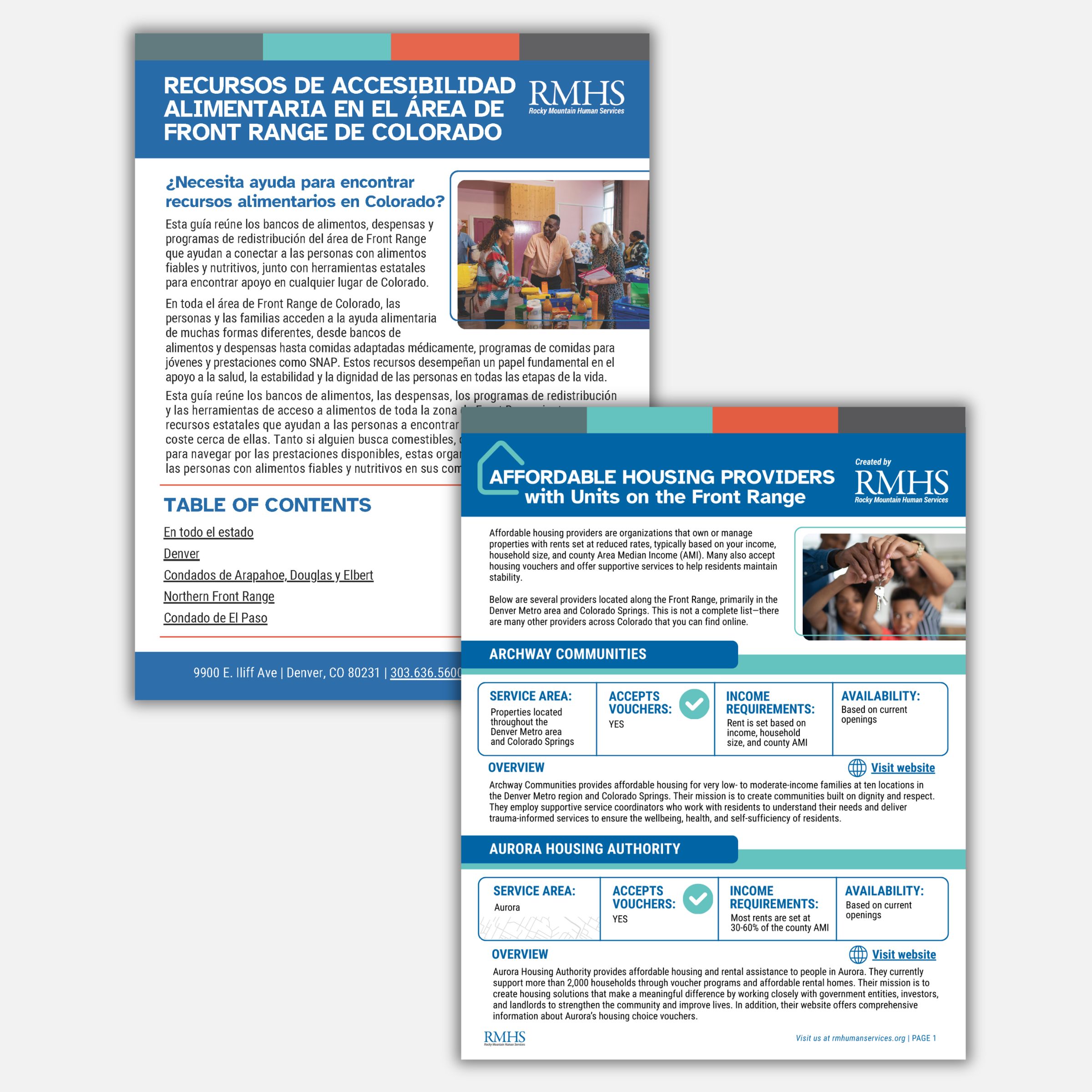 Two overlapping RMHS resource guide covers are displayed against a light gray background. The back guide, in Spanish, focuses on food accessibility resources in the Front Range area of Colorado and includes a photo of people sorting groceries. The front guide highlights affordable housing providers with units on the Front Range and features a photo of hands joined together, symbolizing support. Both guides use RMHS branding with blue, teal, and orange accents and structured layouts with headings, icons, and brief provider details.