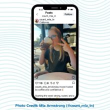 A screenshot of an Instagram post from @count_mia_in showing a young girl with Down syndrome sipping an iced coffee drink at a café while holding up a peace sign. The caption reads: 