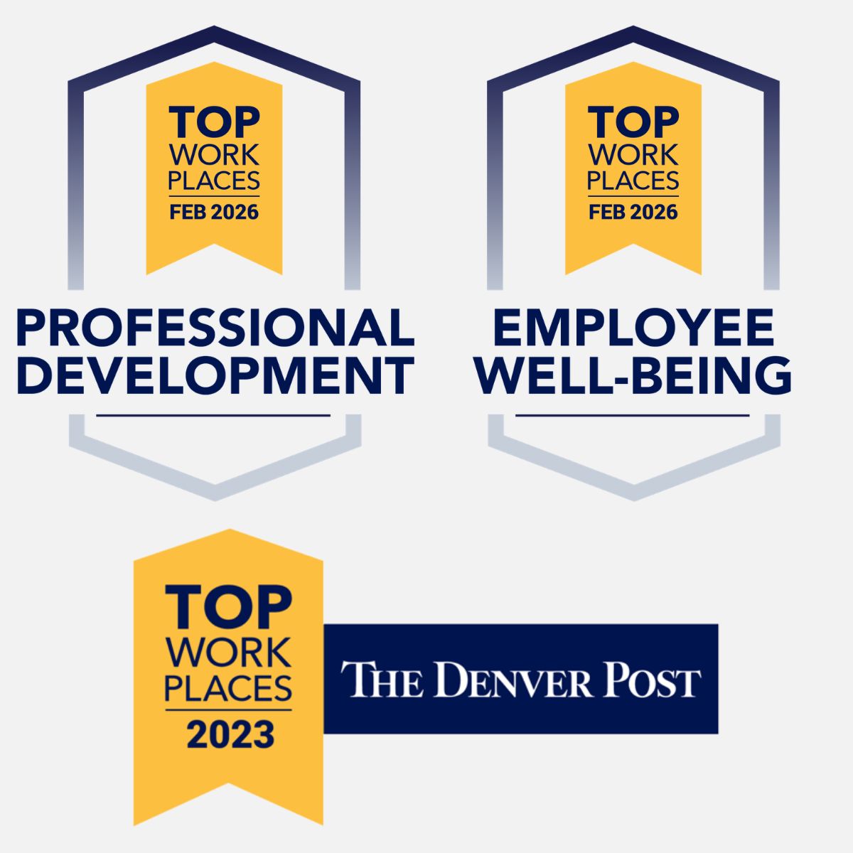Three Top Workplaces award badges on a black background. Two hexagonal badges at top read "Top Work Places Feb 2026" — one labeled "Professional Development," one labeled "Employee Well-Being." Below, a ribbon-style badge reads "Top Work Places 2023" next to The Denver Post logo.
