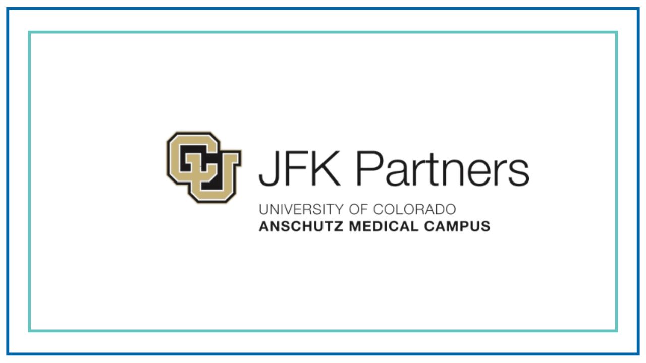 Logo for JFK Partners at the University of Colorado Anschutz Medical Campus, featuring a gold and black interlocking “CU” emblem next to the text “JFK Partners” with smaller text below reading “University of Colorado Anschutz Medical Campus,” all centered within a bordered layout.