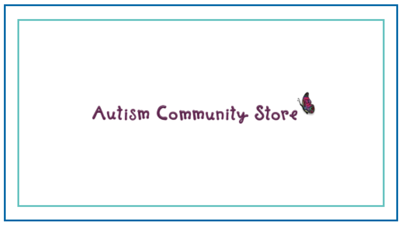Logo reading ‘Autism Community Store’ in a soft, handwritten-style purple font, accompanied by a small colorful butterfly on the right. The design is centered on a light background with a double border in teal and blue.
