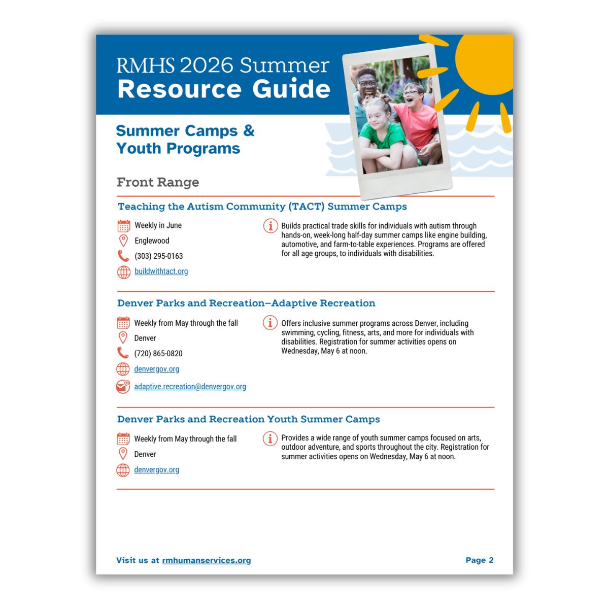 RMHS 2026 Summer Resource Guide. The page lists Summer Camps & Youth Programs resources in the Front Range area, including three programs: Teaching the Autism Community (TACT) Summer Camps, Denver Parks and Recreation Adaptive Recreation, and Denver Parks and Recreation Youth Summer Camps. A photo shows a group of children and adults laughing together outdoors. Text at the bottom reads: "Visit us at rmhumanservices.org."
