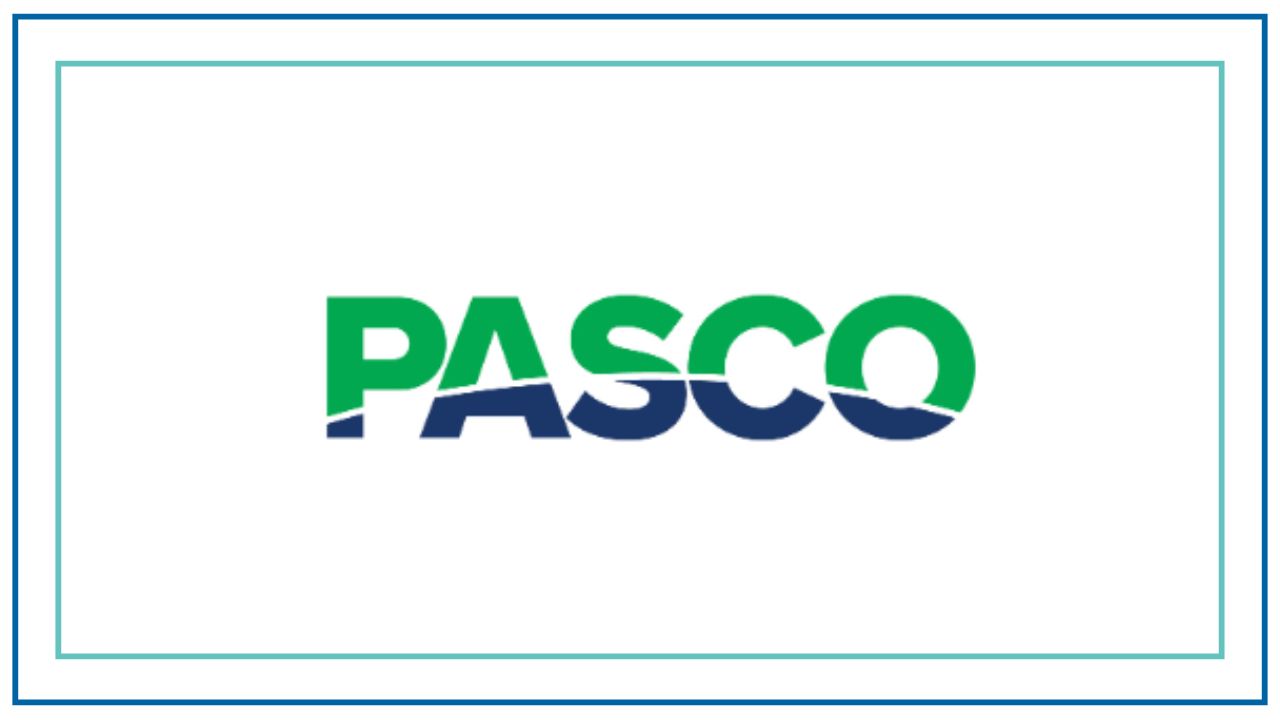 white graphic with blue lines around the boarder. In the middle the words PASCO is displayed.