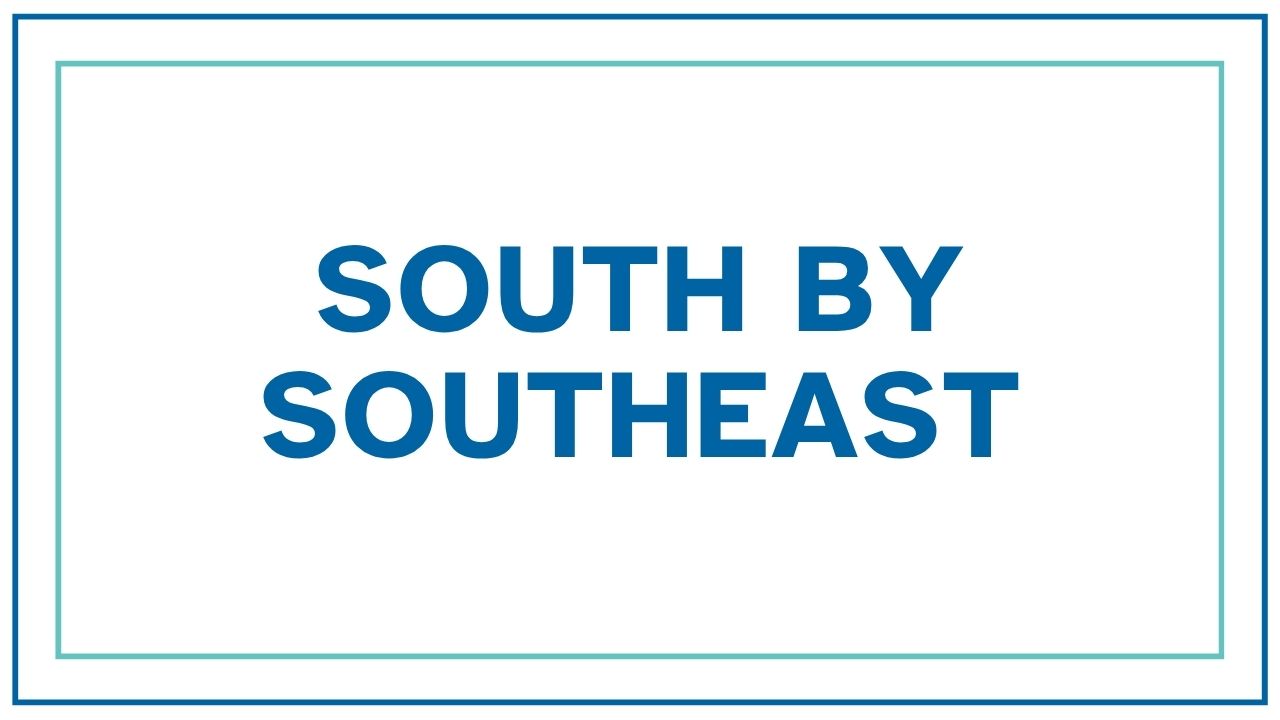 Graphic displaying the words 'South by Southeast' in large blue text on a white background.